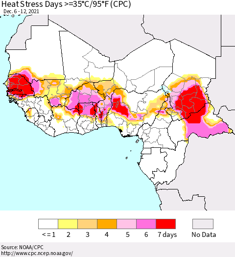 Western Africa Heat Stress Days >=35°C/95°F (CPC) Thematic Map For 12/6/2021 - 12/12/2021