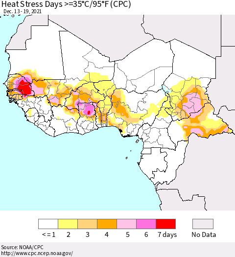 Western Africa Heat Stress Days >=35°C/95°F (CPC) Thematic Map For 12/13/2021 - 12/19/2021