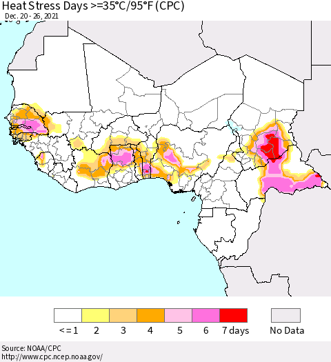 Western Africa Heat Stress Days >=35°C/95°F (CPC) Thematic Map For 12/20/2021 - 12/26/2021