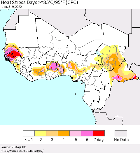 Western Africa Heat Stress Days >=35°C/95°F (CPC) Thematic Map For 1/3/2022 - 1/9/2022