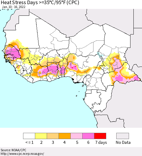 Western Africa Heat Stress Days >=35°C/95°F (CPC) Thematic Map For 1/10/2022 - 1/16/2022