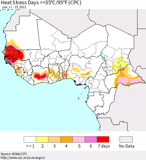 Western Africa Heat Stress Days >=35°C/95°F (CPC) Thematic Map For 1/17/2022 - 1/23/2022