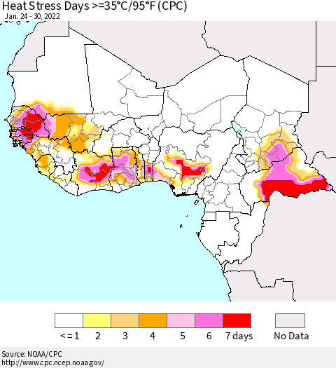 Western Africa Heat Stress Days >=35°C/95°F (CPC) Thematic Map For 1/24/2022 - 1/30/2022
