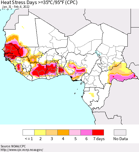 Western Africa Heat Stress Days >=35°C/95°F (CPC) Thematic Map For 1/31/2022 - 2/6/2022