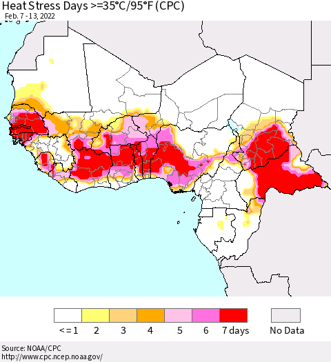 Western Africa Heat Stress Days >=35°C/95°F (CPC) Thematic Map For 2/7/2022 - 2/13/2022