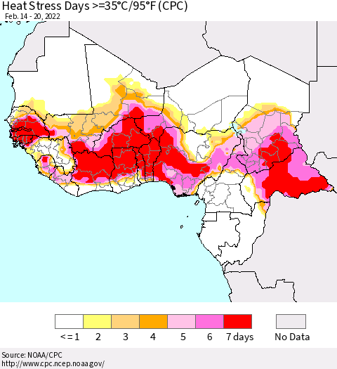 Western Africa Heat Stress Days >=35°C/95°F (CPC) Thematic Map For 2/14/2022 - 2/20/2022