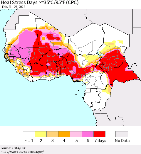 Western Africa Heat Stress Days >=35°C/95°F (CPC) Thematic Map For 2/21/2022 - 2/27/2022