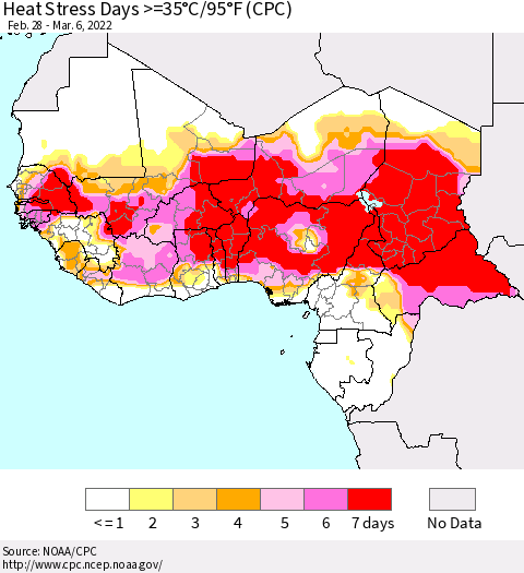 Western Africa Heat Stress Days >=35°C/95°F (CPC) Thematic Map For 2/28/2022 - 3/6/2022