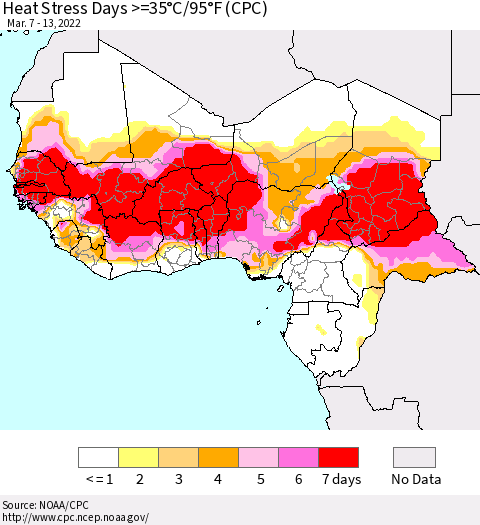 Western Africa Heat Stress Days >=35°C/95°F (CPC) Thematic Map For 3/7/2022 - 3/13/2022