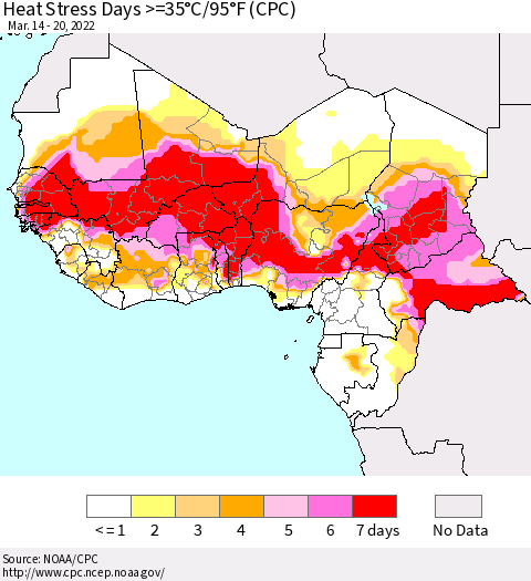 Western Africa Heat Stress Days >=35°C/95°F (CPC) Thematic Map For 3/14/2022 - 3/20/2022