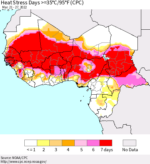 Western Africa Heat Stress Days >=35°C/95°F (CPC) Thematic Map For 3/21/2022 - 3/27/2022