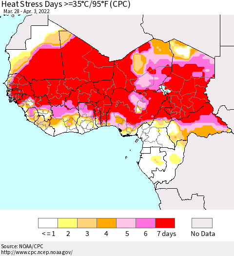 Western Africa Heat Stress Days >=35°C/95°F (CPC) Thematic Map For 3/28/2022 - 4/3/2022