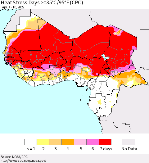 Western Africa Heat Stress Days >=35°C/95°F (CPC) Thematic Map For 4/4/2022 - 4/10/2022