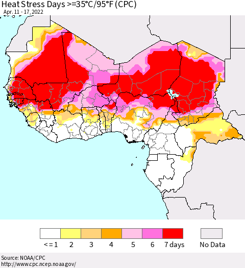 Western Africa Heat Stress Days >=35°C/95°F (CPC) Thematic Map For 4/11/2022 - 4/17/2022