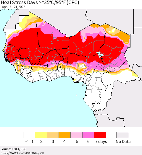 Western Africa Heat Stress Days >=35°C/95°F (CPC) Thematic Map For 4/18/2022 - 4/24/2022