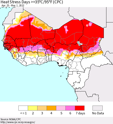 Western Africa Heat Stress Days >=35°C/95°F (CPC) Thematic Map For 4/25/2022 - 5/1/2022