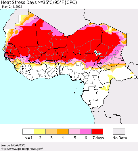 Western Africa Heat Stress Days >=35°C/95°F (CPC) Thematic Map For 5/2/2022 - 5/8/2022