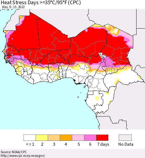 Western Africa Heat Stress Days >=35°C/95°F (CPC) Thematic Map For 5/9/2022 - 5/15/2022