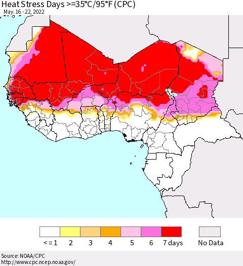 Western Africa Heat Stress Days >=35°C/95°F (CPC) Thematic Map For 5/16/2022 - 5/22/2022