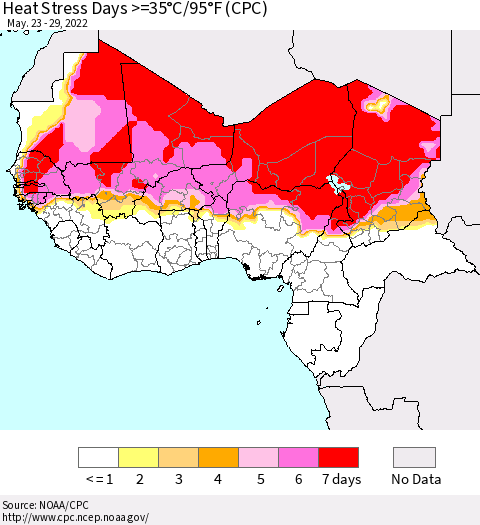 Western Africa Heat Stress Days >=35°C/95°F (CPC) Thematic Map For 5/23/2022 - 5/29/2022