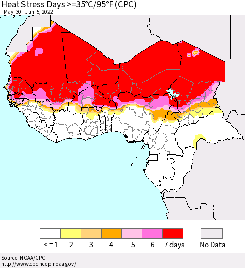 Western Africa Heat Stress Days >=35°C/95°F (CPC) Thematic Map For 5/30/2022 - 6/5/2022