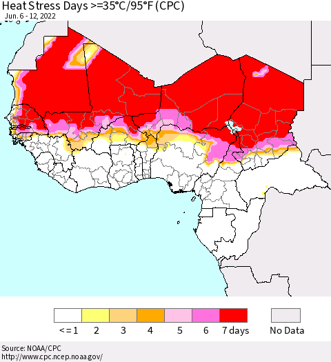 Western Africa Heat Stress Days >=35°C/95°F (CPC) Thematic Map For 6/6/2022 - 6/12/2022