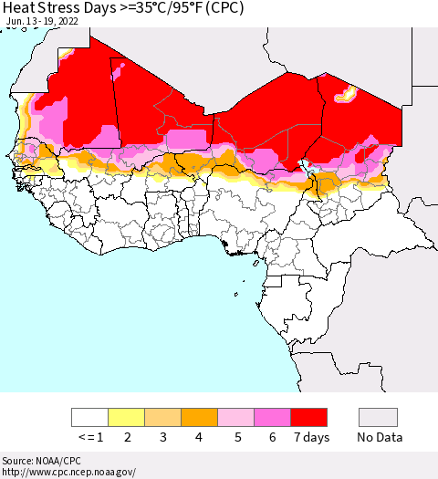Western Africa Heat Stress Days >=35°C/95°F (CPC) Thematic Map For 6/13/2022 - 6/19/2022