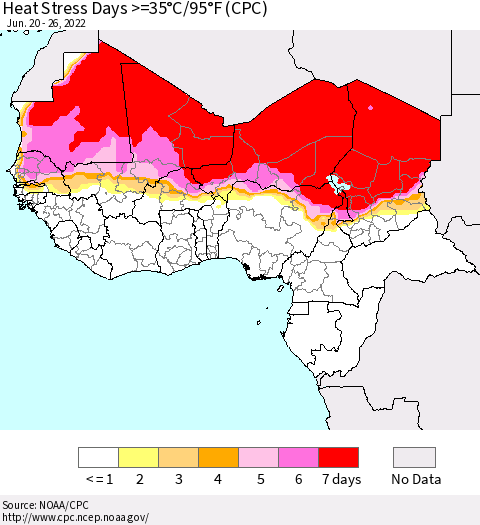 Western Africa Heat Stress Days >=35°C/95°F (CPC) Thematic Map For 6/20/2022 - 6/26/2022