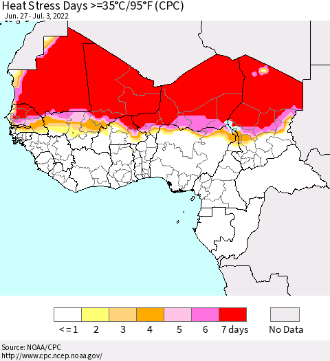 Western Africa Heat Stress Days >=35°C/95°F (CPC) Thematic Map For 6/27/2022 - 7/3/2022