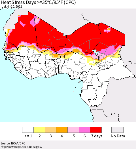 Western Africa Heat Stress Days >=35°C/95°F (CPC) Thematic Map For 7/4/2022 - 7/10/2022