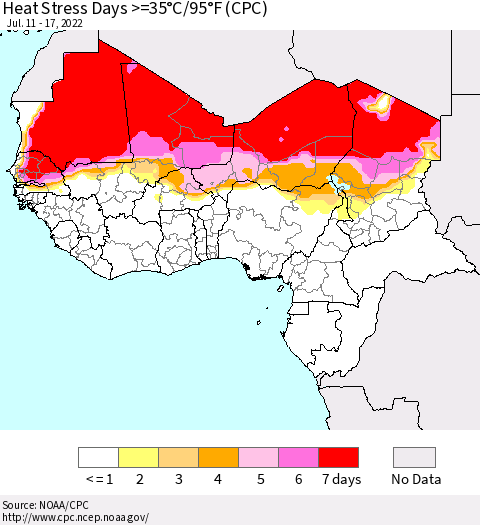 Western Africa Heat Stress Days >=35°C/95°F (CPC) Thematic Map For 7/11/2022 - 7/17/2022