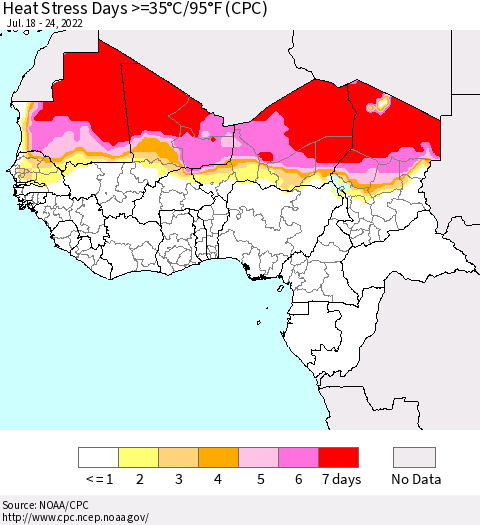 Western Africa Heat Stress Days >=35°C/95°F (CPC) Thematic Map For 7/18/2022 - 7/24/2022