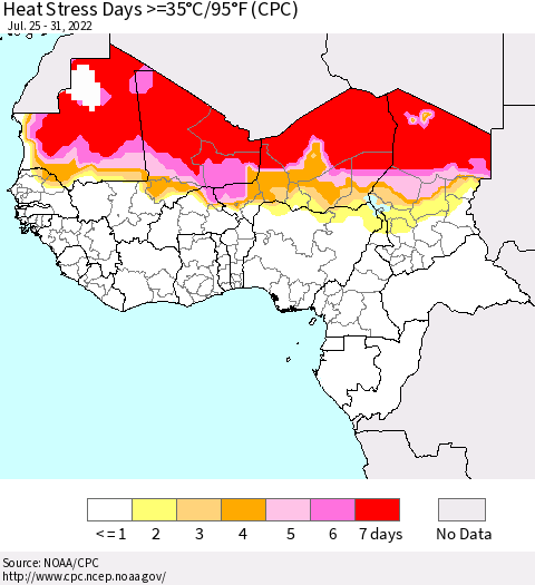 Western Africa Heat Stress Days >=35°C/95°F (CPC) Thematic Map For 7/25/2022 - 7/31/2022