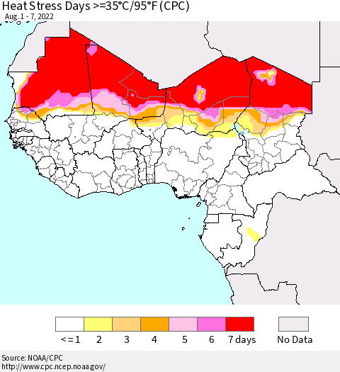 Western Africa Heat Stress Days >=35°C/95°F (CPC) Thematic Map For 8/1/2022 - 8/7/2022