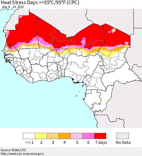 Western Africa Heat Stress Days >=35°C/95°F (CPC) Thematic Map For 8/8/2022 - 8/14/2022