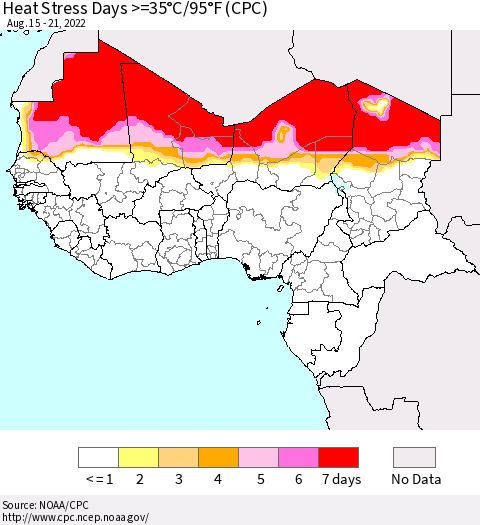 Western Africa Heat Stress Days >=35°C/95°F (CPC) Thematic Map For 8/15/2022 - 8/21/2022