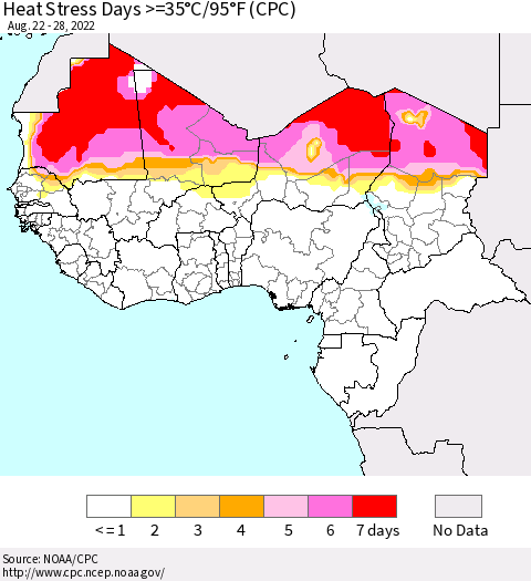 Western Africa Heat Stress Days >=35°C/95°F (CPC) Thematic Map For 8/22/2022 - 8/28/2022