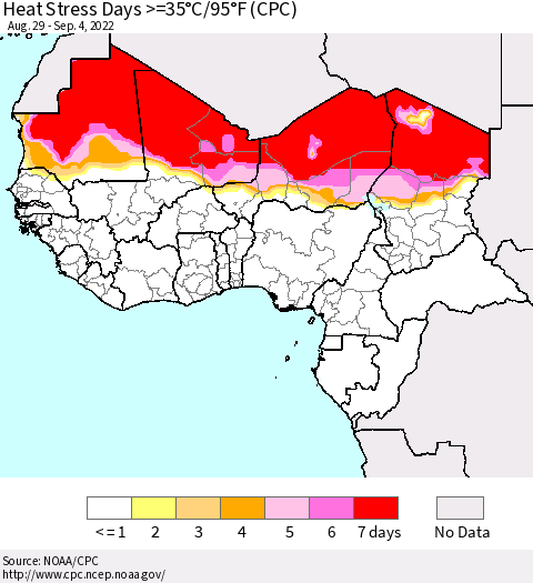 Western Africa Heat Stress Days >=35°C/95°F (CPC) Thematic Map For 8/29/2022 - 9/4/2022