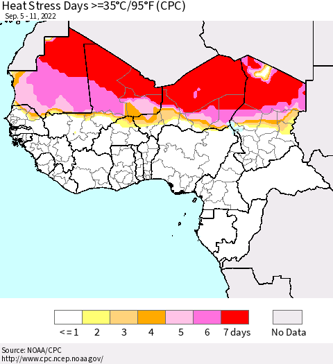 Western Africa Heat Stress Days >=35°C/95°F (CPC) Thematic Map For 9/5/2022 - 9/11/2022