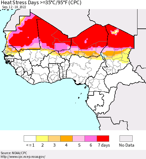 Western Africa Heat Stress Days >=35°C/95°F (CPC) Thematic Map For 9/12/2022 - 9/18/2022