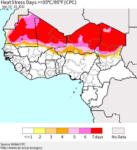 Western Africa Heat Stress Days >=35°C/95°F (CPC) Thematic Map For 9/19/2022 - 9/25/2022