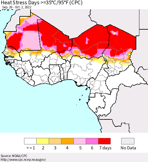 Western Africa Heat Stress Days >=35°C/95°F (CPC) Thematic Map For 9/26/2022 - 10/2/2022