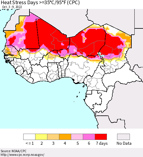 Western Africa Heat Stress Days >=35°C/95°F (CPC) Thematic Map For 10/3/2022 - 10/9/2022