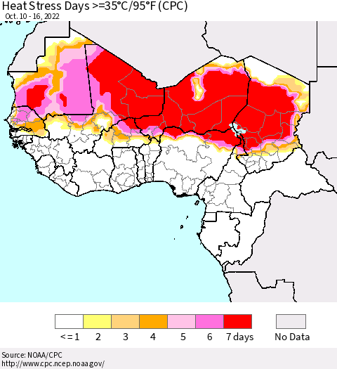 Western Africa Heat Stress Days >=35°C/95°F (CPC) Thematic Map For 10/10/2022 - 10/16/2022