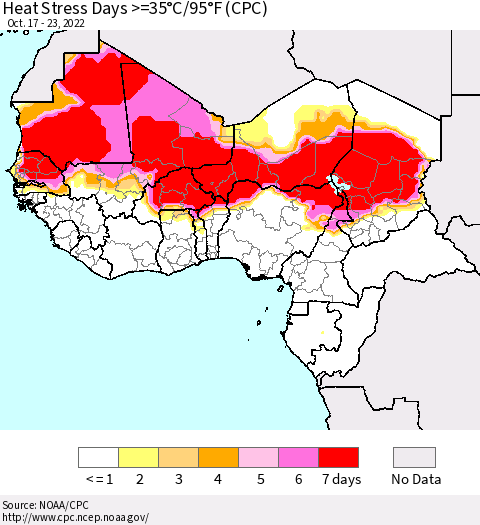 Western Africa Heat Stress Days >=35°C/95°F (CPC) Thematic Map For 10/17/2022 - 10/23/2022