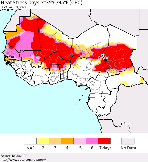 Western Africa Heat Stress Days >=35°C/95°F (CPC) Thematic Map For 10/24/2022 - 10/30/2022