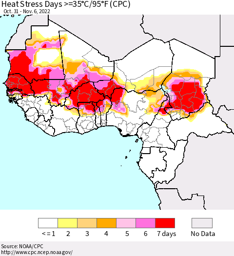 Western Africa Heat Stress Days >=35°C/95°F (CPC) Thematic Map For 10/31/2022 - 11/6/2022