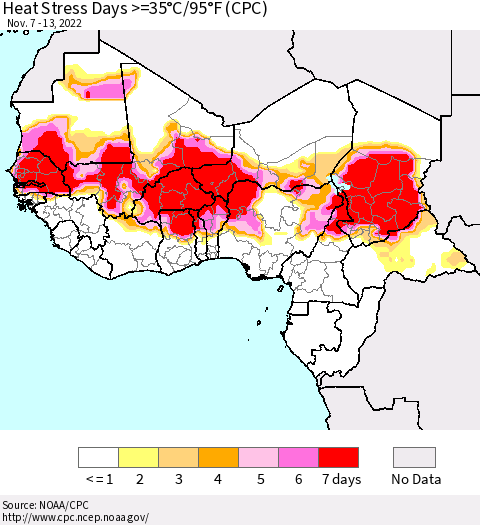 Western Africa Heat Stress Days >=35°C/95°F (CPC) Thematic Map For 11/7/2022 - 11/13/2022