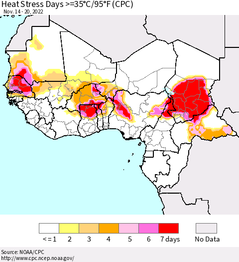 Western Africa Heat Stress Days >=35°C/95°F (CPC) Thematic Map For 11/14/2022 - 11/20/2022
