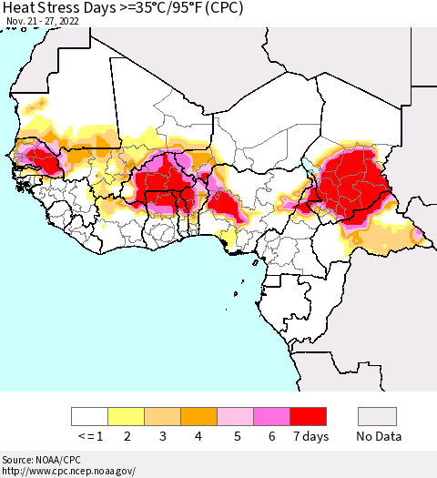 Western Africa Heat Stress Days >=35°C/95°F (CPC) Thematic Map For 11/21/2022 - 11/27/2022